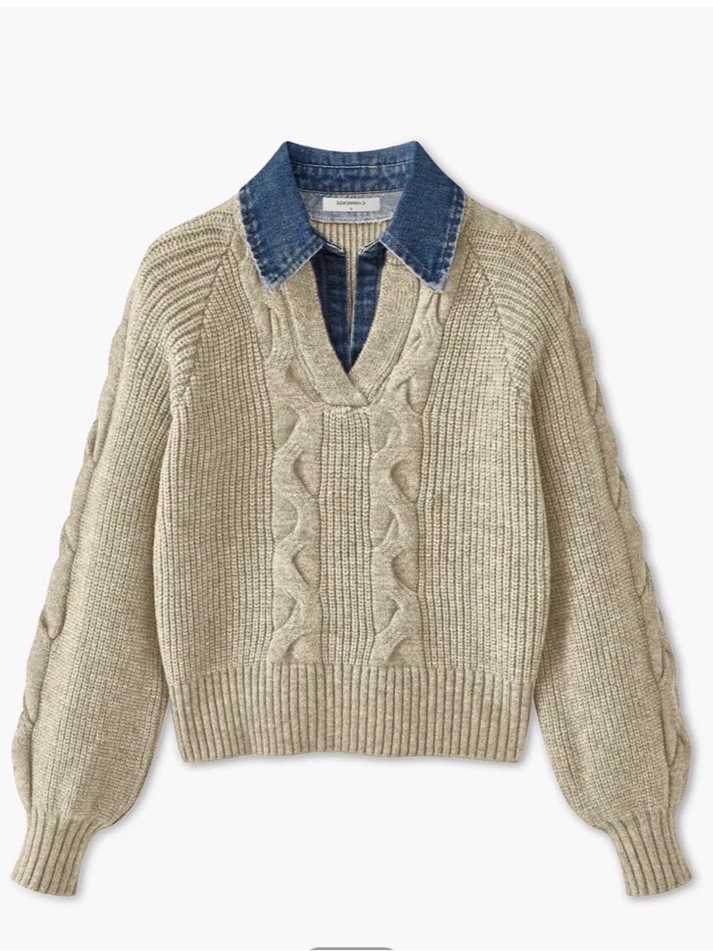 Commense Denim Panel Ribbed Lapel Sweater